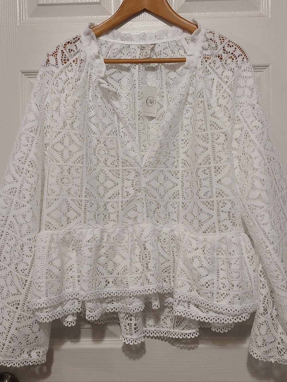 Cato White Crochet Peplum Blouse with V-Neck